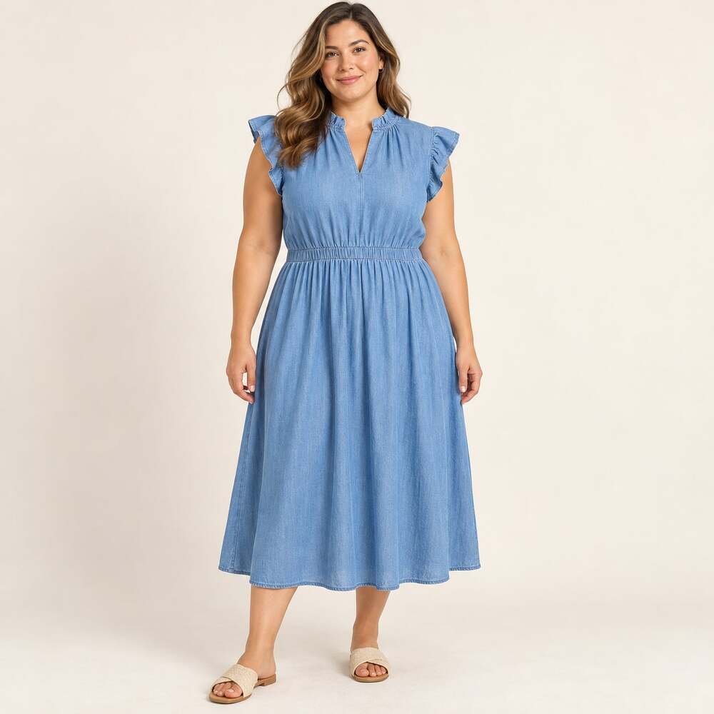 New On 34th Midi Dress XL Blue Chambray Denim Ruffle Neck Cottagecore Prairie